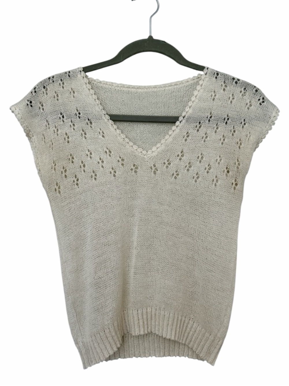 Handmade Vintage Knit Cap Sleeve Top Eyelet Crochet Trim Cream Ivory XS S